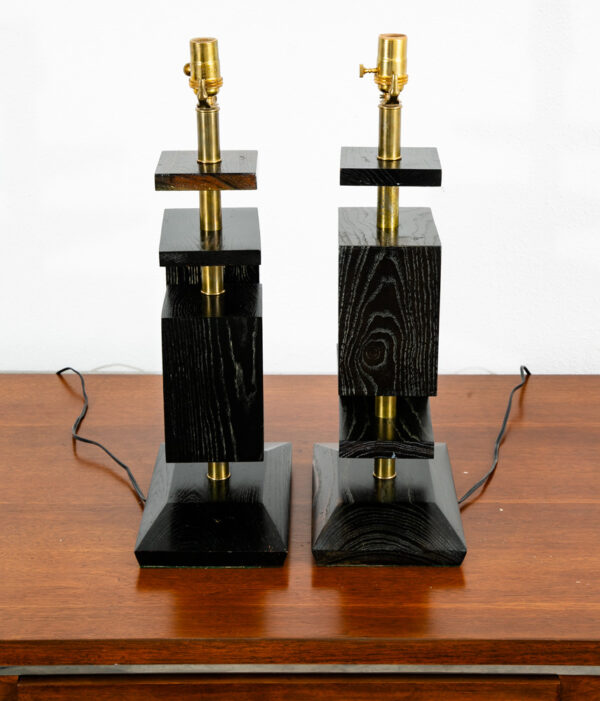 Mid Century Modern Table Lamp Set Ebonized Oak Wood Brass James Mont Style Pair - Image 6