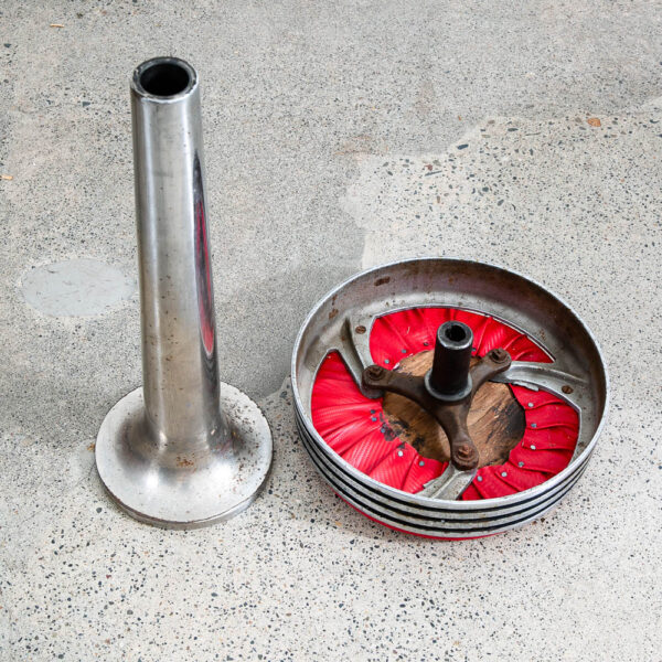 Mid Century Modern Diner Bar Stools Pair Red Vinyl Swivel Chrome Floor Mount - Image 9