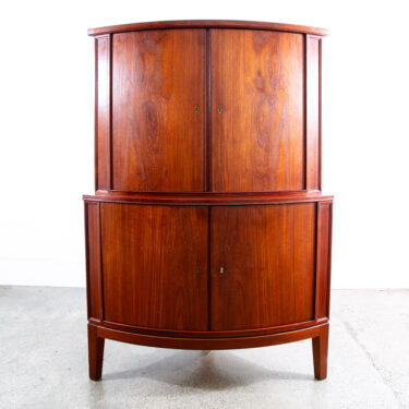 Mid Century Danish Modern Corner Cabinet Unit Teak Round Front 2 Tier Locking