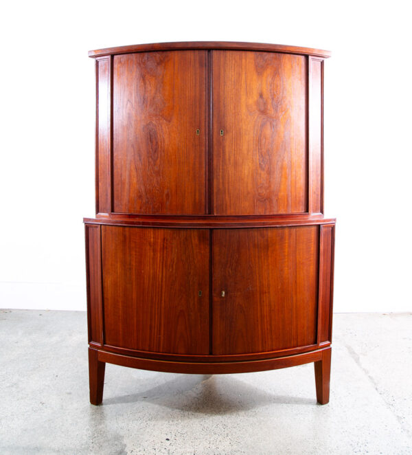 Mid Century Danish Modern Corner Cabinet Unit Teak Round Front 2 Tier Locking