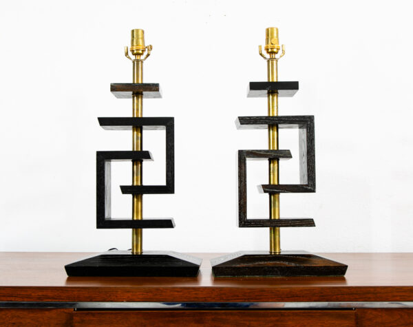 Mid Century Modern Table Lamp Set Ebonized Oak Wood Brass James Mont Style Pair - Image 8