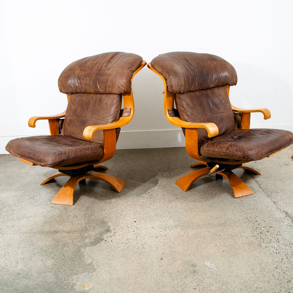 Mid Century Danish Modern Lounge Chairs Swivel Brown Leather Ake Fribytter Nelo
