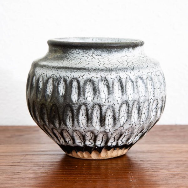 Mid Century Modern Studio Pottery Vase Black White Textured Pot Ceramic Round