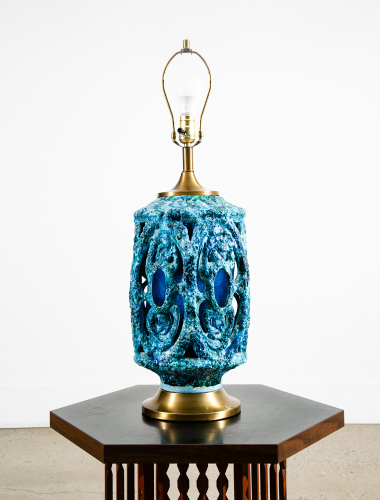 Mid Century Modern Table Lamp Ceramic Blue Lava Glaze Studio Design Vintage Mcm