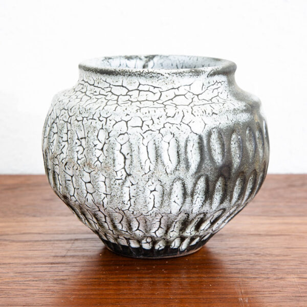 Mid Century Modern Studio Pottery Vase Black White Textured Pot Ceramic Round - Image 2