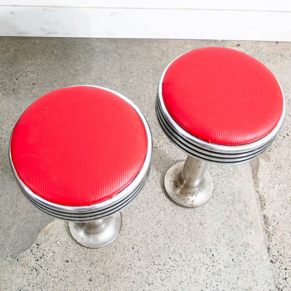 Mid Century Modern Diner Bar Stools Pair Red Vinyl Swivel Chrome Floor Mount - Image 4