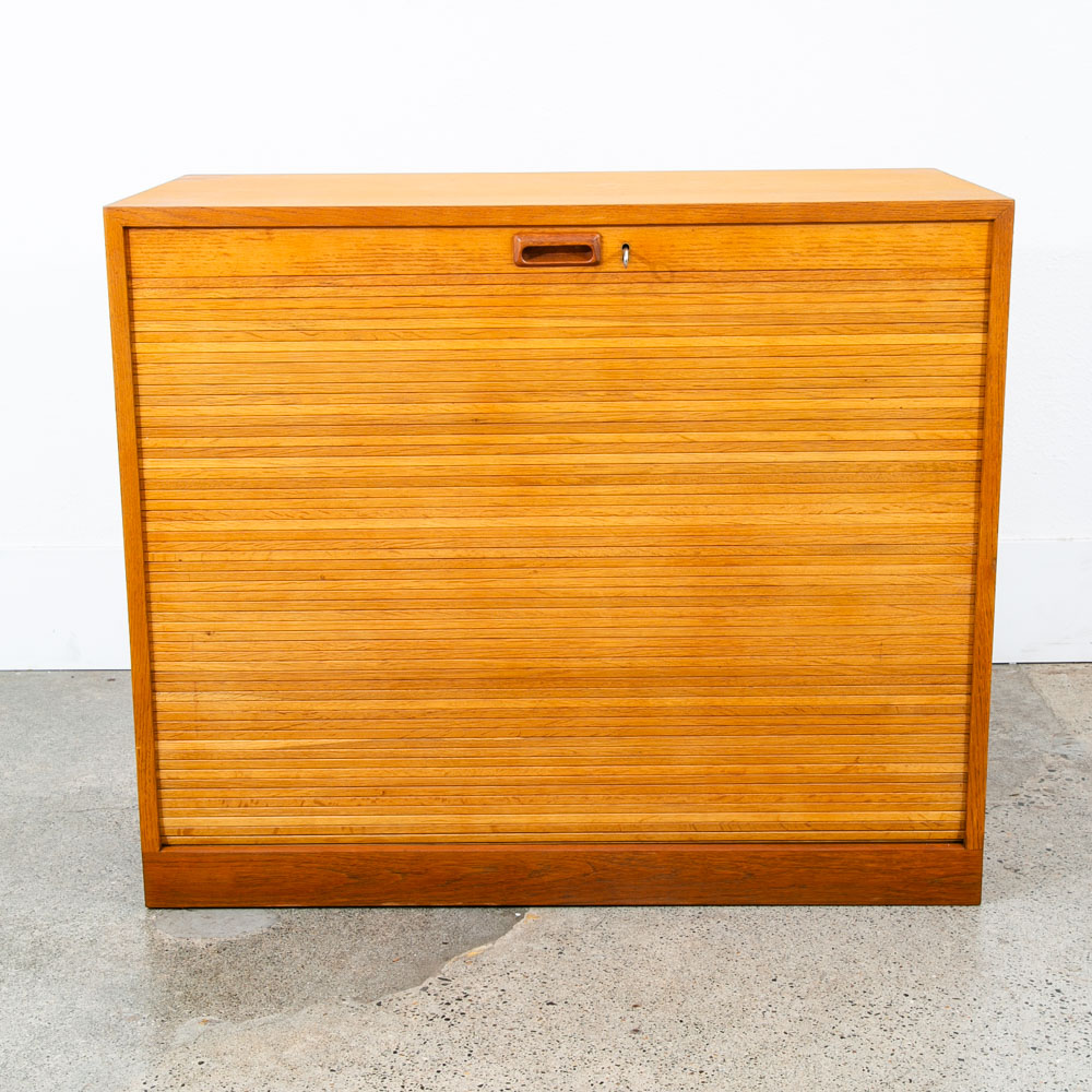 Mid Century Modern Cabinet Roll Up Tambour Door Wood 14 Drawers Storage Oak Vamo - Image 2