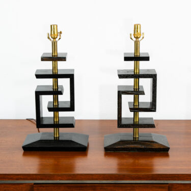 Mid Century Modern Table Lamp Set Ebonized Oak Wood Brass James Mont Style Pair