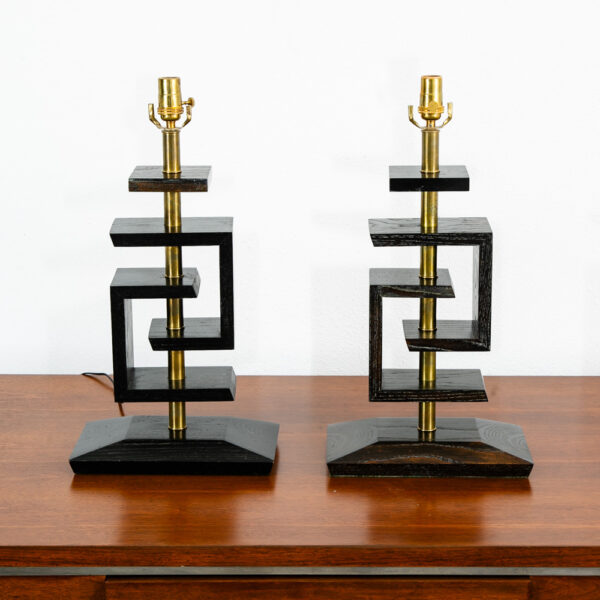 Mid Century Modern Table Lamp Set Ebonized Oak Wood Brass James Mont Style Pair