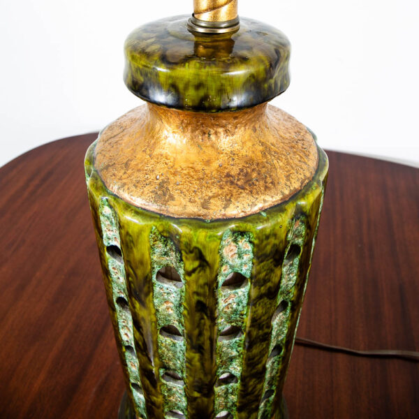 Mid Century Modern Table Lamp Ceramic Drip Glaze Studio Round Teal Green Brass Mcm - Image 2