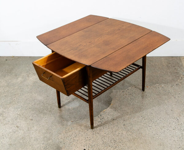 Mid Century Danish Modern Table Sewing Craft Table Side End Oak Drop Leaf Drawer - Image 5