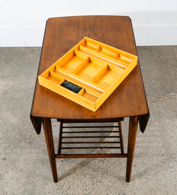 Mid Century Danish Modern Table Sewing Craft Table Side End Oak Drop Leaf Drawer - Image 9