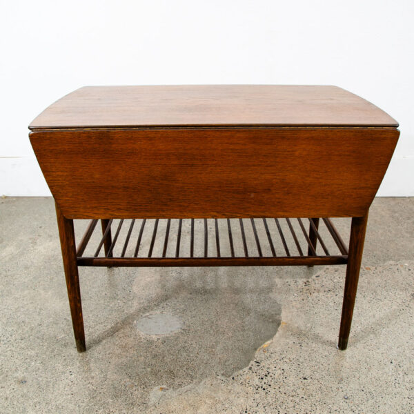 Mid Century Danish Modern Table Sewing Craft Table Side End Oak Drop Leaf Drawer - Image 4
