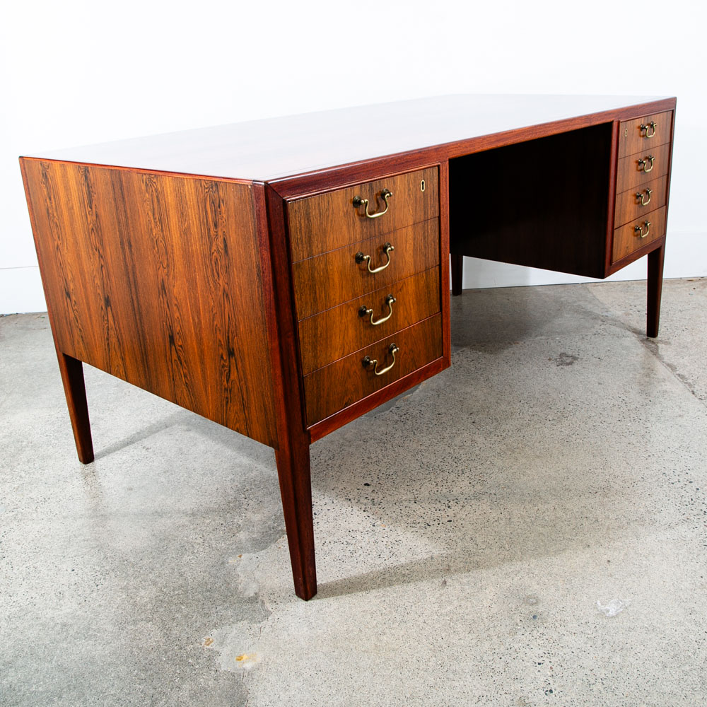 Mid Century Danish Modern Desk Executive Rosewood Ole Wanscher Locking 8 Drawer