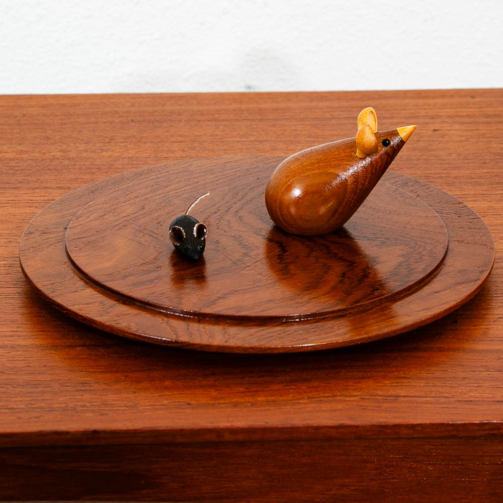 Mid Century Danish Modern Rounded Teak Karl Holmberg Serving Tray Denmark w/ Wooden Mice - Image 2