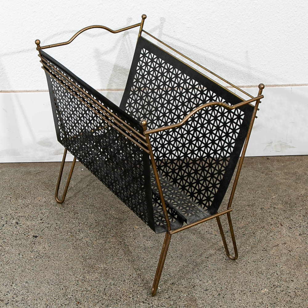 Mid Century Modern Magazine Rack Modernist Iron Black Metal With Brass Frame Vintage - Image 3