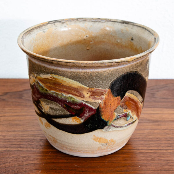 Mid Century Modern Planter Pot Multicolor Studio Pottery Round Munja Stoneware 6" - Image 7