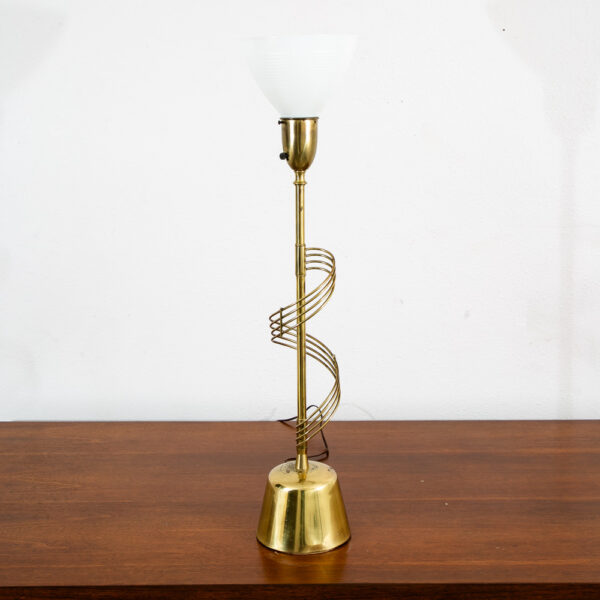 Mid Century Modern Table Lamp Swirled Brass Metal White Milk Glass Shade Vintage