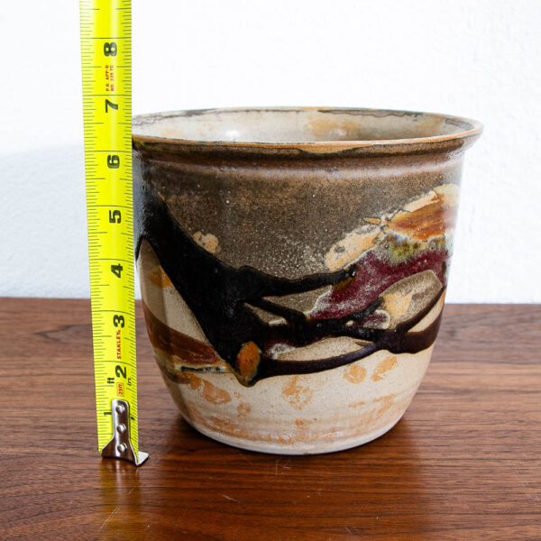 Mid Century Modern Planter Pot Multicolor Studio Pottery Round Munja Stoneware 6" - Image 9