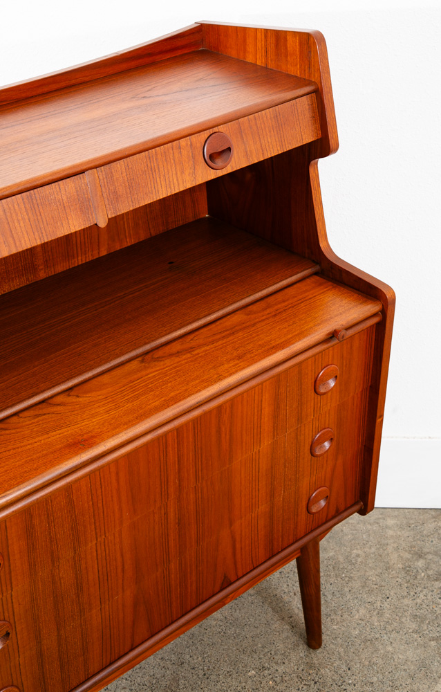 Mid Century Danish Modern Secretary Desk Teak Sliding Denmark 5 Drawers Handles - Image 11
