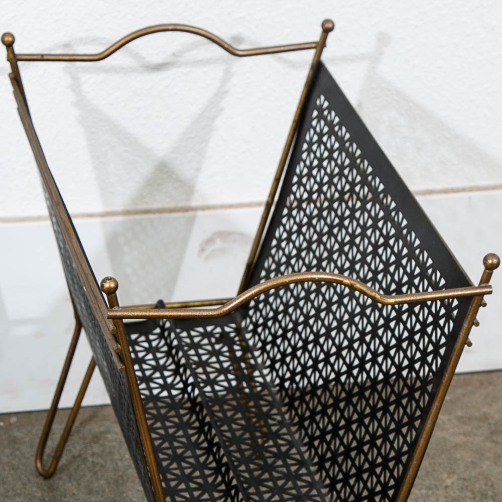 Mid Century Modern Magazine Rack Modernist Iron Black Metal With Brass Frame Vintage - Image 9