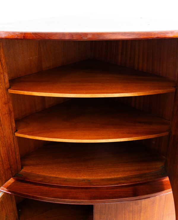 Mid Century Danish Modern Corner Cabinet Unit Teak Round Front 2 Tier Locking - Image 9