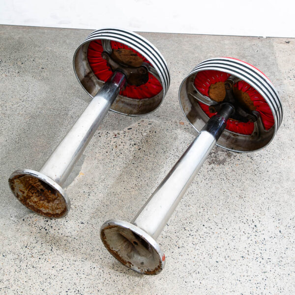 Mid Century Modern Diner Bar Stools Pair Red Vinyl Swivel Chrome Floor Mount - Image 5