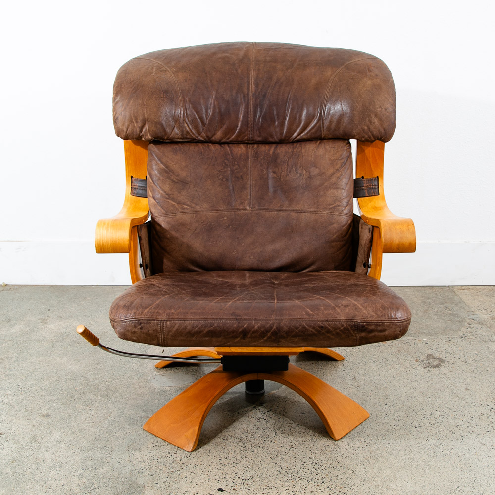 Mid Century Danish Modern Lounge Chairs Swivel Brown Leather Ake Fribytter Nelo - Image 7
