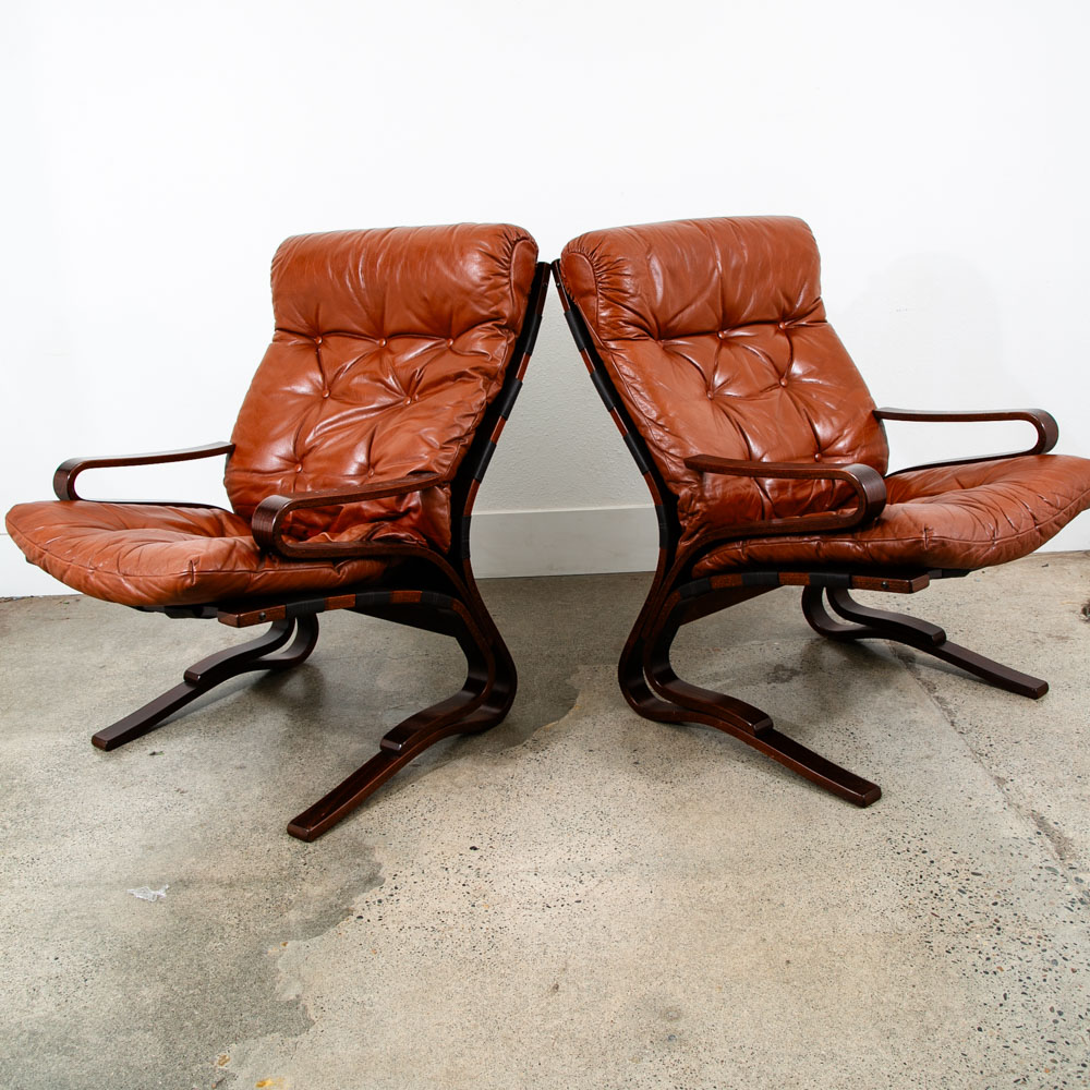 Mid Century Danish Modern Lounge Chairs Brown Leather Bentwood Set Pair Vintage - Image 5