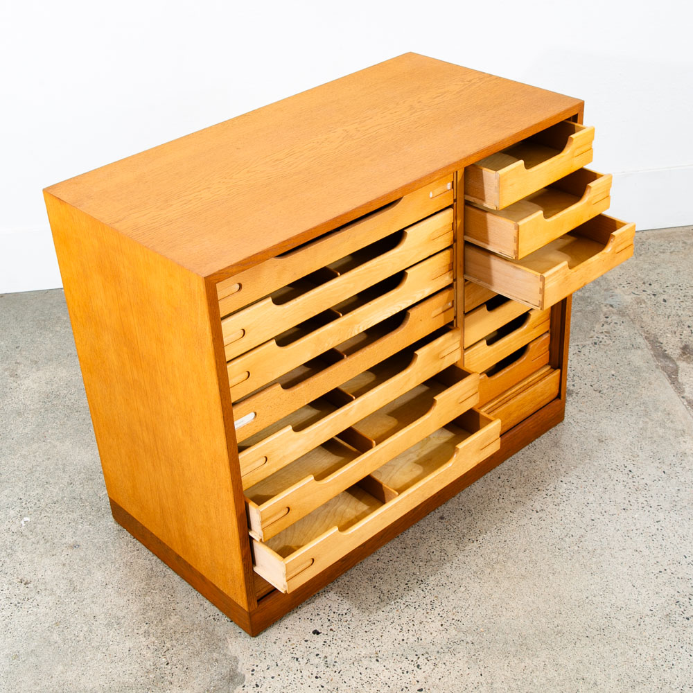 Mid Century Modern Cabinet Roll Up Tambour Door Wood 14 Drawers Storage Oak Vamo - Image 3