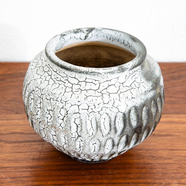 Mid Century Modern Studio Pottery Vase Black White Textured Pot Ceramic Round - Image 3