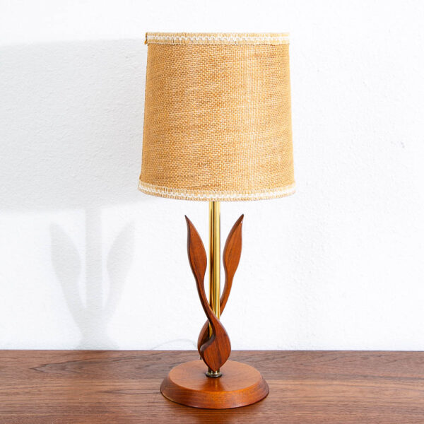 Mid Century Modern Table Lamp Sculptural Tulip Carved Walnut Brass MCM Solid