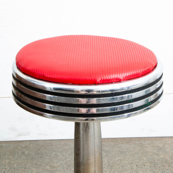 Mid Century Modern Diner Bar Stools Pair Red Vinyl Swivel Chrome Floor Mount - Image 7