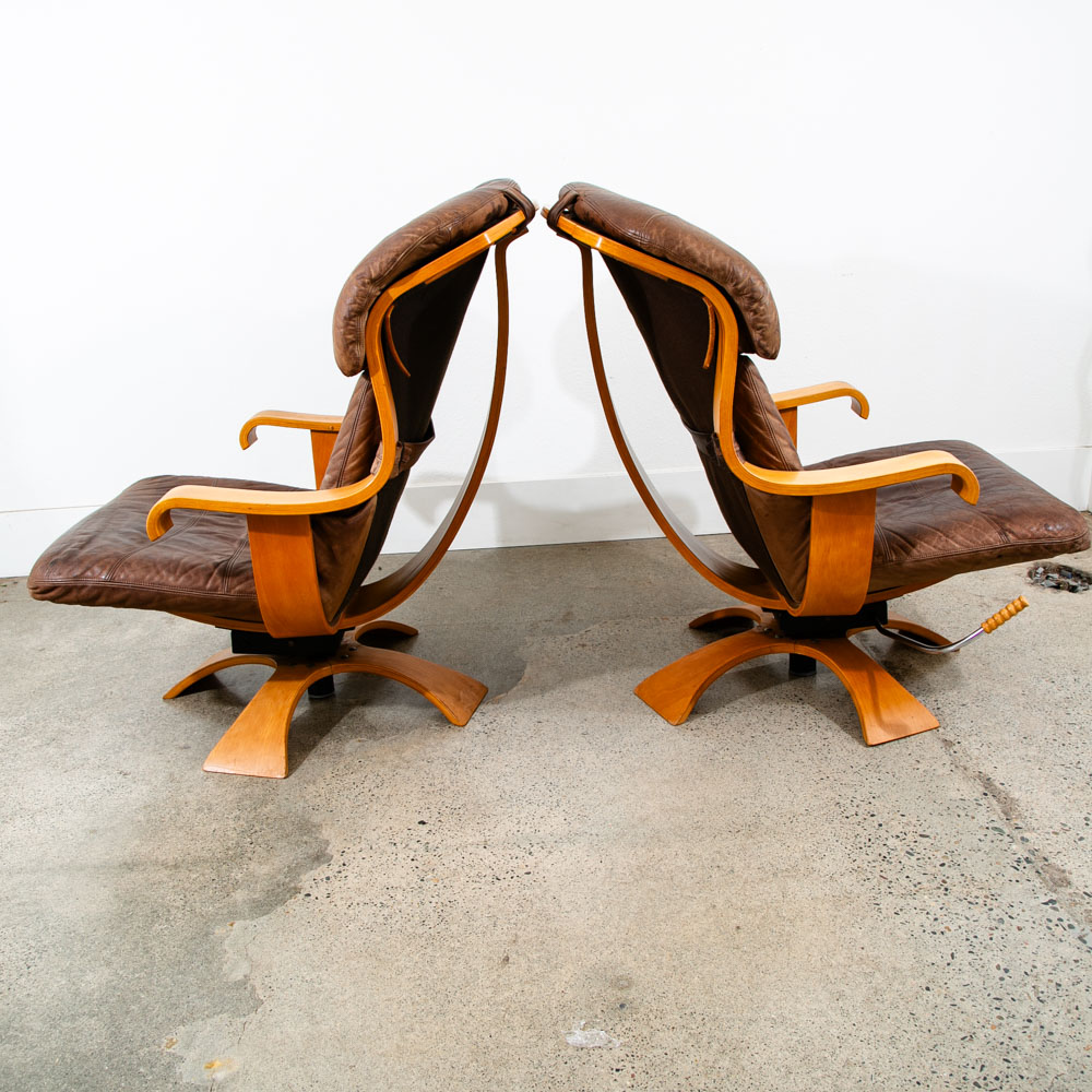 Mid Century Danish Modern Lounge Chairs Swivel Brown Leather Ake Fribytter Nelo - Image 2