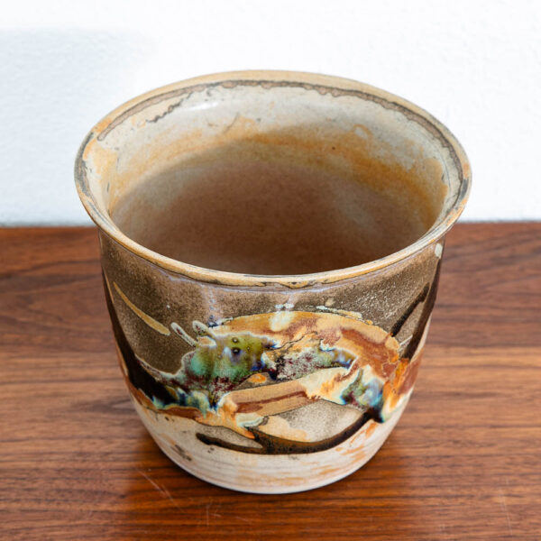 Mid Century Modern Planter Pot Multicolor Studio Pottery Round Munja Stoneware 6" - Image 3