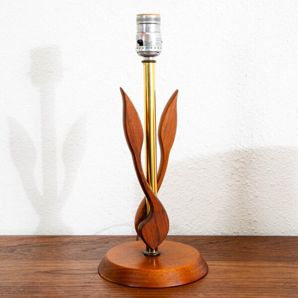 Mid Century Modern Table Lamp Sculptural Tulip Carved Walnut Brass MCM Solid - Image 2