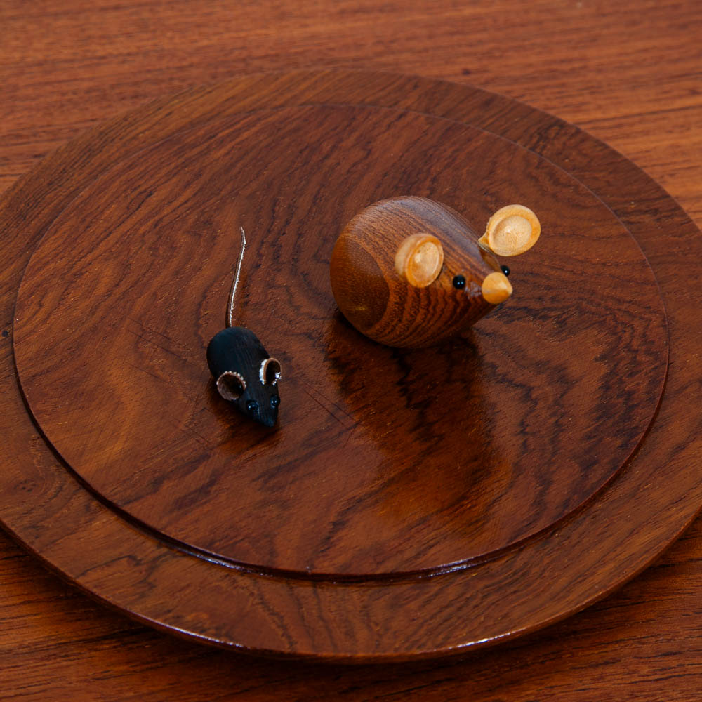 Mid Century Danish Modern Rounded Teak Karl Holmberg Serving Tray Denmark w/ Wooden Mice - Image 6