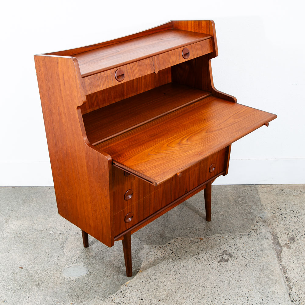 Mid Century Danish Modern Secretary Desk Teak Sliding Denmark 5 Drawers Handles - Image 6