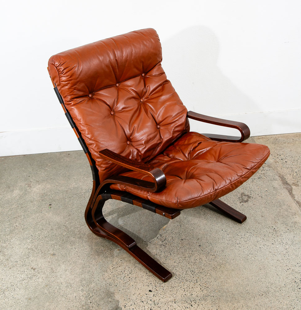 Mid Century Danish Modern Lounge Chairs Brown Leather Bentwood Set Pair Vintage - Image 6