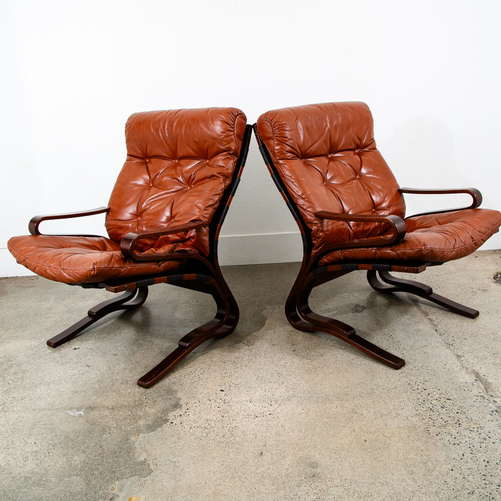 Mid Century Danish Modern Lounge Chairs Brown Leather Bentwood Set Pair Vintage