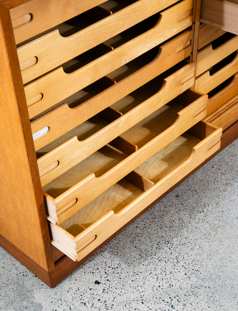 Mid Century Modern Cabinet Roll Up Tambour Door Wood 14 Drawers Storage Oak Vamo - Image 8