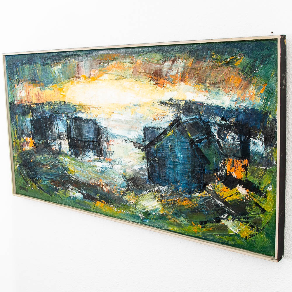 Mid Century Modern Landscape Painting Art Abstract Blues Black White Yellow Mcm - Image 3