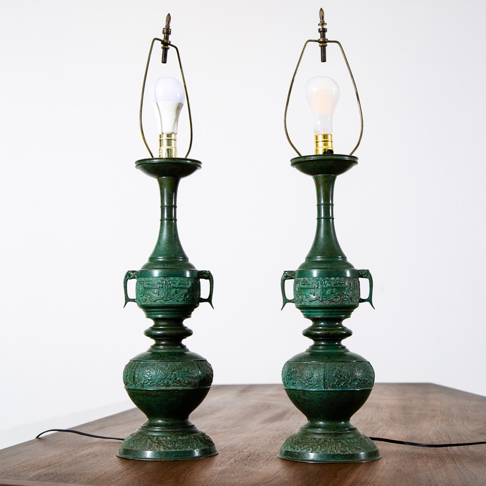Mid Century Modern Table Lamp Set Pair Light Cast Brass Asian Green Two Light - Image 2