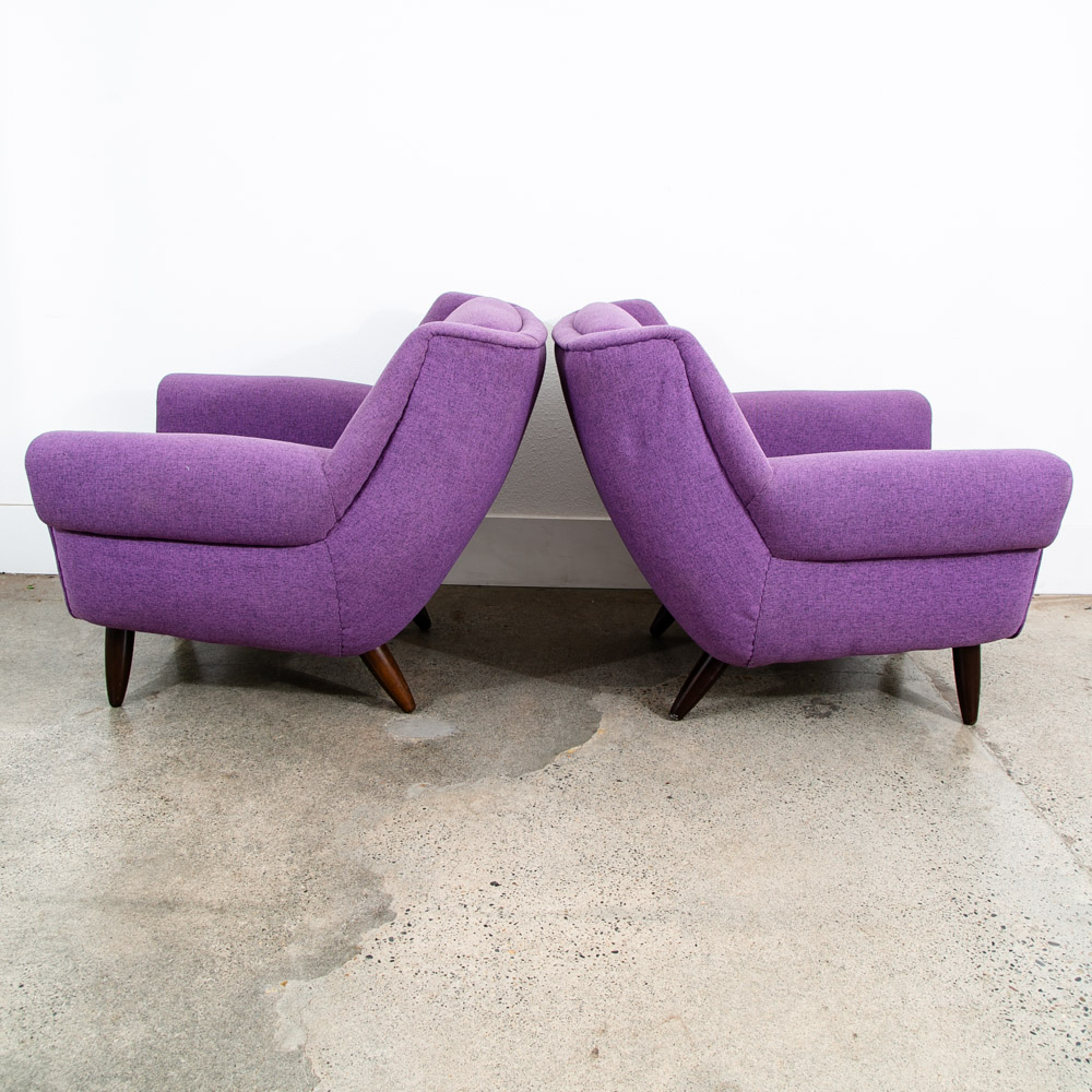 Mid Century Modern Lounge Chairs Purple Armchairs Tweed Pair 2 Vintage Denmark - Image 9