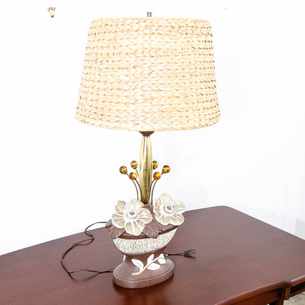 Mid Century Modern Table Lamp Ceramic Floral Studio Designed Brown White Mcm - Image 4