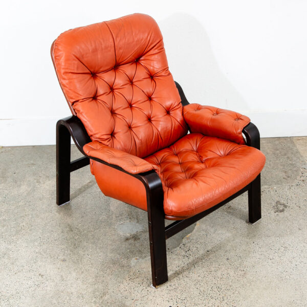 Mid Century Modern Lounge Chairs Leather Orange Cognac Tufted Pair Set Arm Two - Image 7