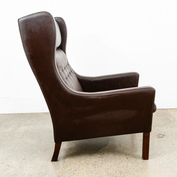 Mid Century Danish Modern Lounge Chair Brown Leather Armchair Denmark High Back Wingback Chocolate - Image 2