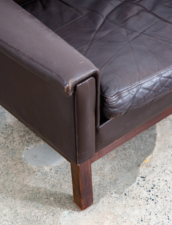 Mid Century Danish Modern Lounge Chair Brown Leather Armchair Denmark Wood Frame - Image 5