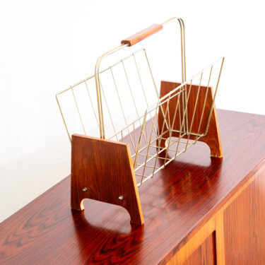 Mid Century Modern Magazine Rack Teak Vintage Danish Handle Denmark Brass Gold