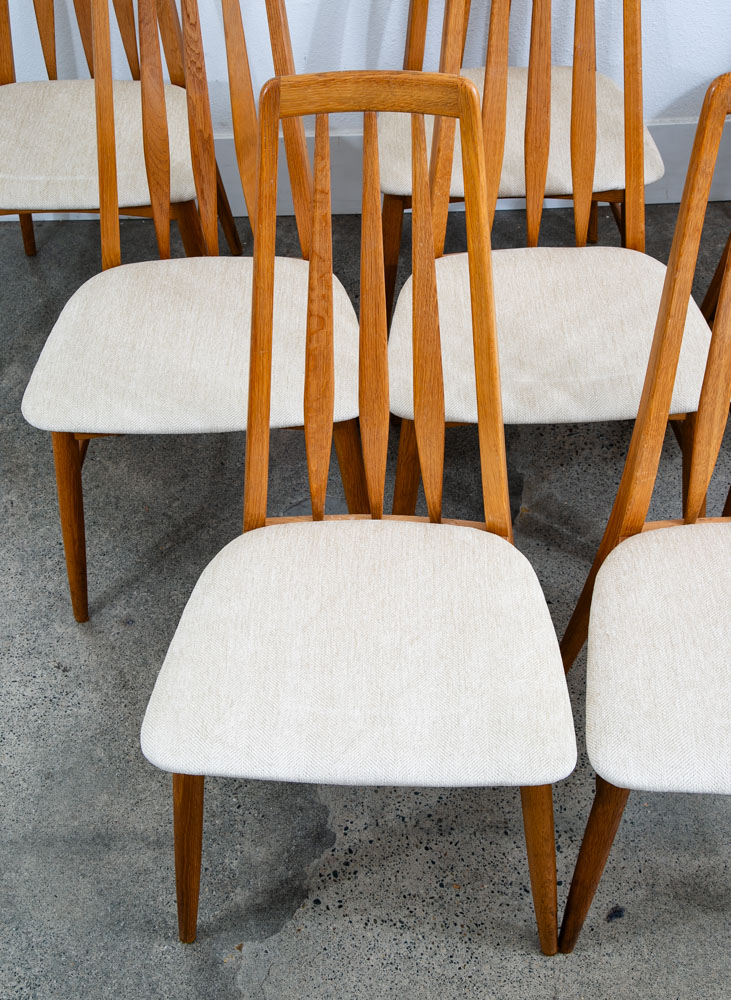 Mid Century Danish Modern Dining Chairs Set 8 Kofoed Eva Armchairs Oak Tan Beige Reupholstered - Image 9
